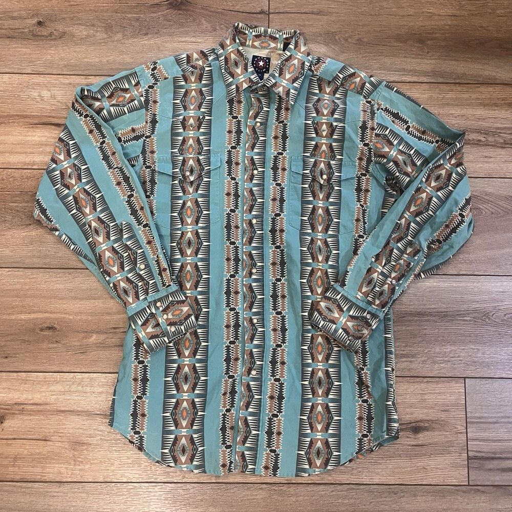 Panhandle Slim Shirt Men's M Turquoise Aztec Western Pearl Snap Southwest Cowboy